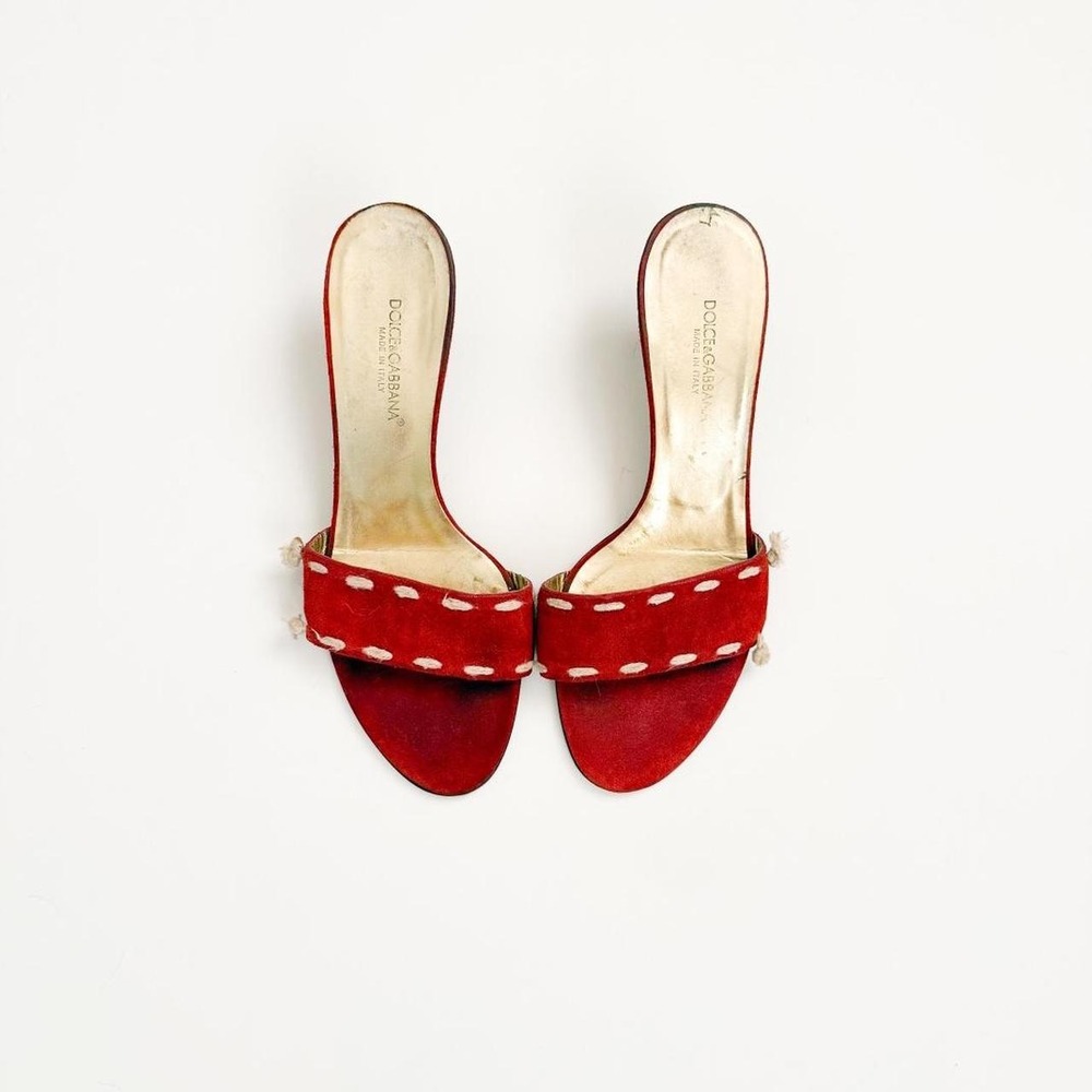 Dolce Gabbana red suede studded mule heels gold leather vintage designer US 7.5